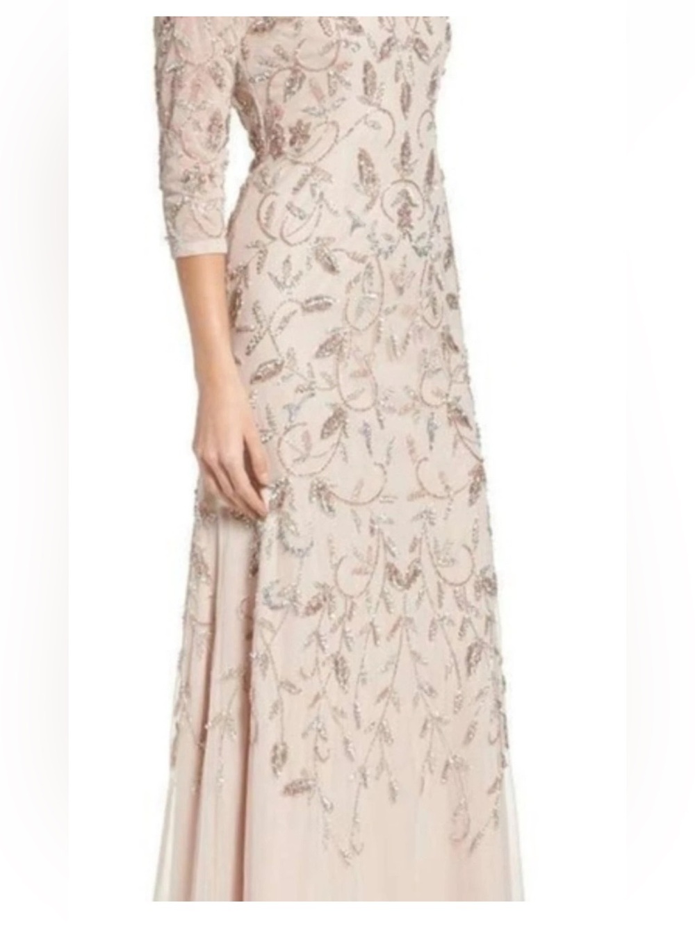 NWT Adrianna Papell Illuision Scroll Beaded Gown Elegant Blush Evening Dress
